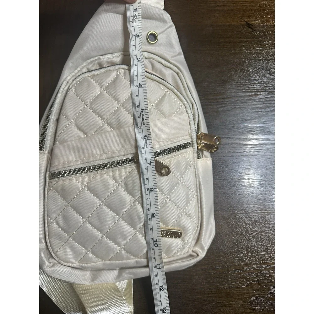 Ivory Quilted Sling Bag Zip Closure Adjustable Strap Women Casual Gold Hardware